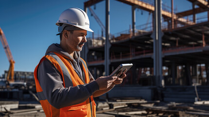 Wall Mural - Construction worker with a hardhat and reflective vest is focused on a tablet, possibly reviewing plans or conducting an inspection at a construction site.