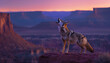 Atop a desert cliff, a coyote howls into the twilight sky, shades of purple and pink by the setting sun