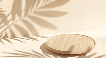 Beige background for product presentation with shadow of tropical palm leaves. Podium, stage pedestal platform for display cosmetic product, Mockup.