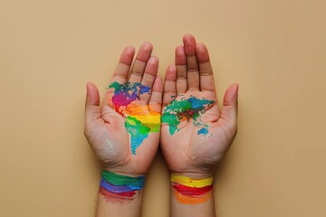 Two hands with rainbow colors painted on them. The hands are painted in a way that they look like they are holding a globe. International Day Against Homophobia, Transphobia and Biphobia