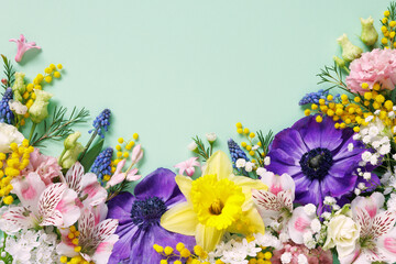 Wall Mural - Light green background with flowers of anemone, tulip, narcissus, mimosa, lisianthus, alstroemeria, muscari, gypsophila, retama. Beautiful card for the spring holiday, copy space.