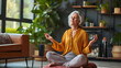 senior lady doing meditation at home, generative ai