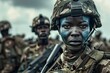 A woman in a military uniform with blue face paint stands in front of a group of soldiers. Concept of International Day of United Nations Peacekeepers