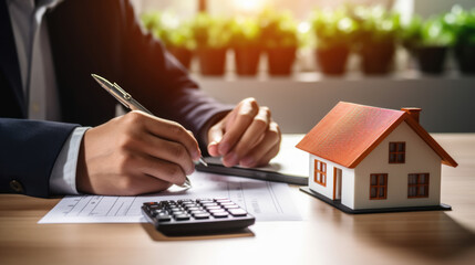 Wall Mural - Man is signing a document next to a small model house and a calculator