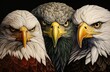 Three Beautiful eagles looking into the camera , black background