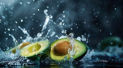 Wall Mural - Fresh and ripe slices avocado fruit with splash water in dark background. AI generated image