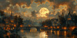 sunset over the river, romanticism art style 