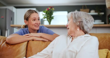 Poster - Healthcare, smile and nurse chatting to old woman on sofa in living room of home for consulting or help. Medical, conversation and happy caregiver with senior patient in retirement apartment