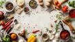 The vegetarian and vegan food recipes banner showcases a variety of kitchenware, utensils, and chopped vegetables, with ample copyspace at the center for text or additional elements. 