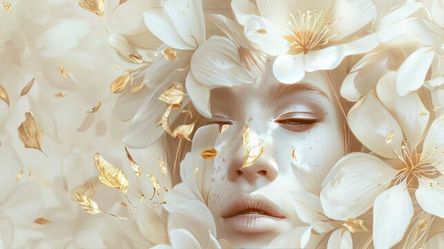 Illustration portrait of young beautiful woman with flowers on beige toned color. AI generated image