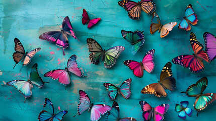 Wall Mural - This captivating image showcases a collection of colorful butterflies against a turquoise background.