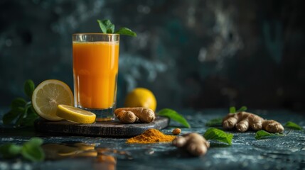 Wall Mural - Healthy drink for immunity boosting human body with ginger, turmeric and lemon on dark background