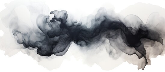 Poster - A hand-painted watercolor stain in black creates wisps of smoke against a stark white paper background. The smoke appears to be swirling and billowing, creating an abstract and dynamic visual effect.