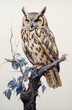 Beautiful  horned owl sitting on a big tree on a white background, looking for food. lovely feather markings.