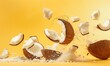 Zersprungene Kokosnuss vor gelbem Hintergrund, Konzept paradiesische Kokosnuss