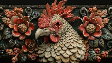 Naklejka na meble Elegant Rooster Sculpture Featuring Lifelike Details and Floral Adornments.