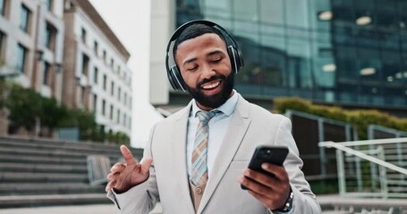 Sticker - Business man, headphones and dancing in city with phone, streaming and subscription with smile on sidewalk. Person, smartphone and listening to radio, audio and happy dancer with music on stairs