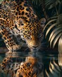 Leopard spiegelt sich im Wasser, Leopard trinkt am Fluss im Dschungel