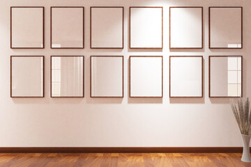 Scandinavian of corridor with parquet floor & 12 frames mock up on the wall. Design 3d rendering of white and light wood. Design print for illustration, exibition, mock up, interior, background. Set 1