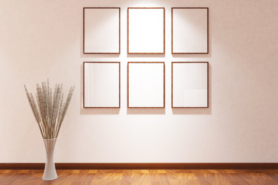 Scandinavian of corridor with parquet floor & 6 frames mock up on the floor. Design 3d rendering of white and light wood. Design print for illustration, exibition, mock up, interior, background. Set 7