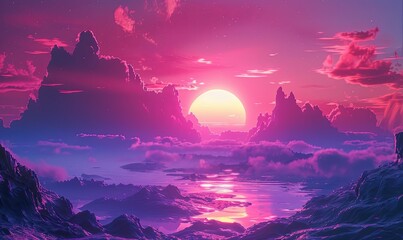 Wall Mural - Sunthwave retro cyberpunk style landscape background banner or wallpaper. Bright neon pink and purple colors