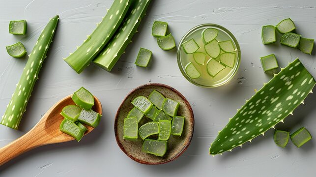 A wooden spoon rests peeled pieces of Aloe Vera, revealing its juicy and refreshing pulp. Scene of freshness and well-being with peeled pieces of aloe vera with a gelatinous texture.