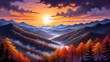 Colorful autumn sunrise in the mountains. Landscape with mountains, landscape, mountain, sunrise, dawn, scenery, sunset, background, nature, orange, beautiful, evening, sky, sun, sunlight, travel