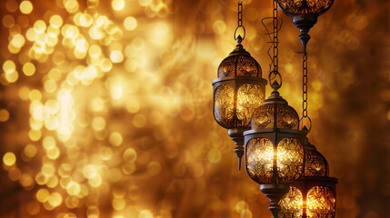 Wall Mural - Ornamental Arabic lanterns on golden Ramadan Kareem background with festive night bokeh light, defocused backdrop, wallpaper with copy space, greeting image for email congratulation, sale banner