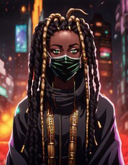 Wall Mural - A cartoon style portrait of a beautiful woman with braids wearing a black mask. 