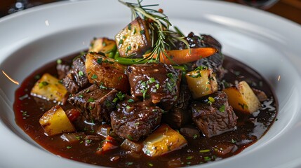Wall Mural - Beef bourguignon plate a traditional French beef stew in red wine sauce and vegetables