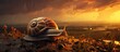 A small snail sits atop a rock, its shell glistening from a recent rain under a sky filled with heavy clouds. The serene scene captures the snails slow movement and the ominous weather above.