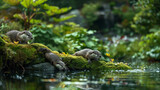 Fototapeta  - A playful group of otters sliding down a mossy embankment into a tranquil pond water