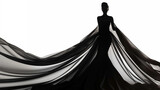 Fototapeta  - An elegant silhouette of a fashionable woman draped in luxurious fabrics, her silhouette casting a striking shadow against the pristine white background