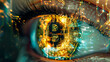 Eye reflecting the symbol of Bitcoin, digital cryptocurrency, digital crypto currency, mining, and trading