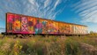 Wagon kolejowy pokryty graffiti stojący na polu kwiatowym.