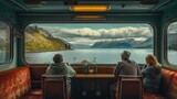 Fototapeta Do pokoju - Grupa starszych przyjaciół siedzi w starym wagonie vintage przy stoliku z drewna i patrzy na wielkie jezioro i góry