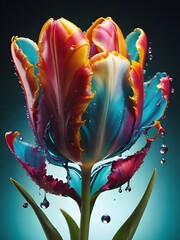 Sticker - 3d illustration of a flower with colorful liquid splash.