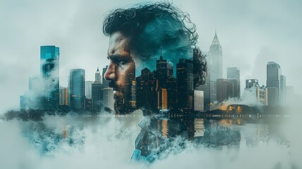 Poster - A man's face is shown in a cityscape with a foggy atmosphere