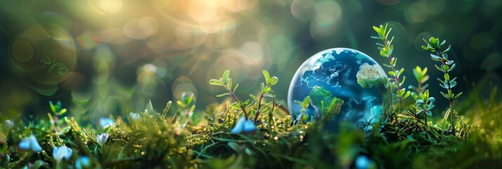 Globe on blooming field background with sun rays