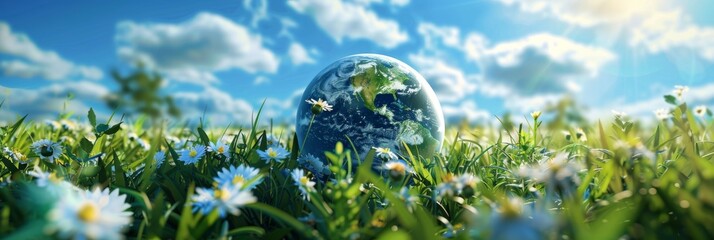 Wall Mural - globe on blooming field background with sun rays