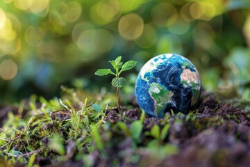 Wall Mural - globe on ground with young sprout, forest background