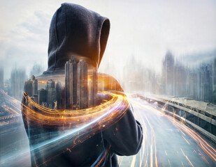 Poster - A person is wearing a hoodie and standing in front of a city skyline
