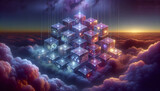 Fototapeta Miasto - Interconnected Microservices: Surreal Network of Floating Cubes in Twilight Sky