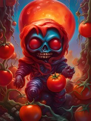 Wall Mural - illustration of a scary red tomato in a dark background