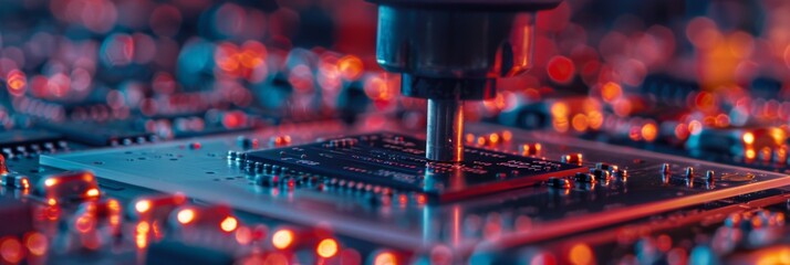 Poster - Vibrant circuit board close-up with bright LEDs - A detailed view of a circuit board with vivid blue and red lights, showcasing the complexity of electronics
