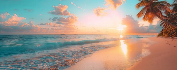 Dreamlike Sunrise Beach in the Maldives. Dream Honeymoon Shoreline. Summer background