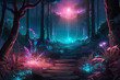 Enchanting fantasy forest art. Bioluminescent plants, glowing crystals, fireflies. Pandora-like planet at night. Epic landscape with blue and pink glow. 