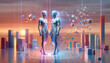 Futuristic digital twins in serene environment with pixelating figure.