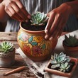 Woman's hands planting succulents in an old painted and decorated jar. Hobby, home gardening, DIY, zero waste, sustainable lifestyle, eco-friendly concept