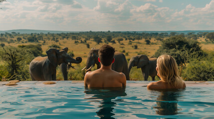 a couple in a swimming pool with the background of elephants in the savanna in africa, a safari camp